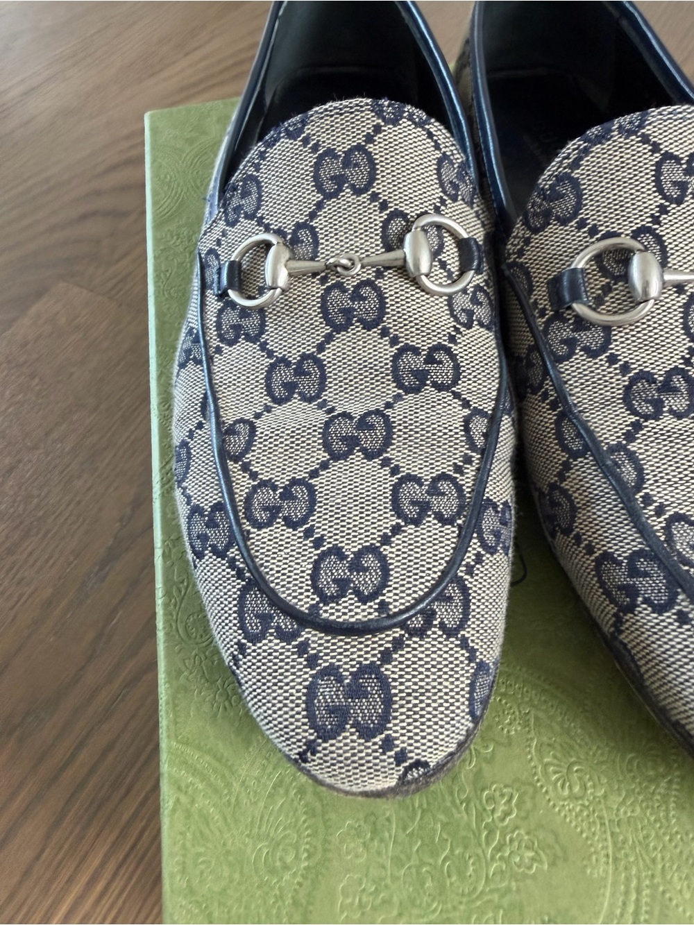 Gucci Beige Canvas GG Horsebit Loafer with Navy Trim - Picture 6 of 11